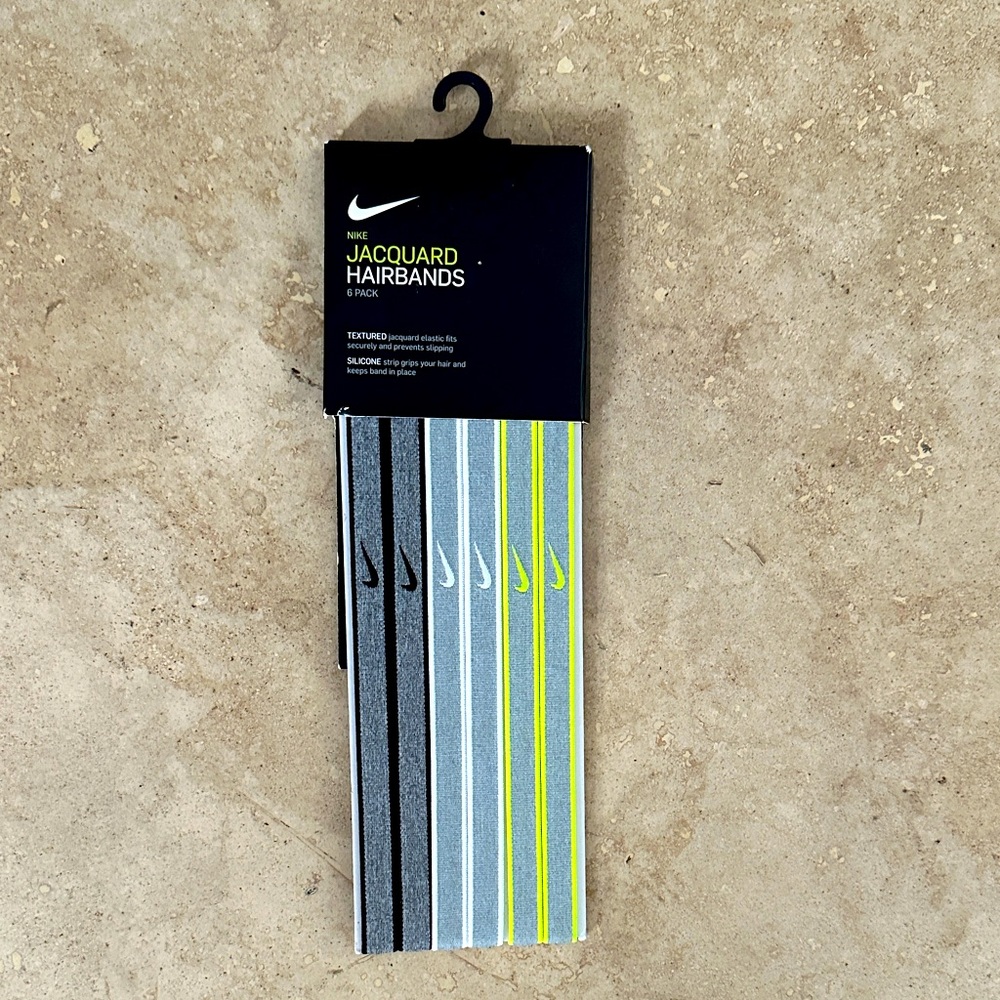 NEW Nike Jacquard Hairbands in Black, Gray, and Yellow • 6 Pack
